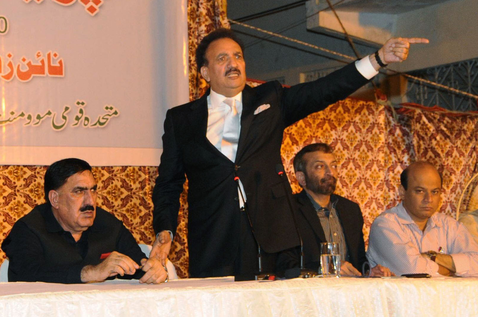 rehman malik c gestures as he speaks during a joint press conference with mqm leaders farooq sattar 2nd from r and wasay jalil r and anp sindh chief shahi syed l photo mohammad noman express