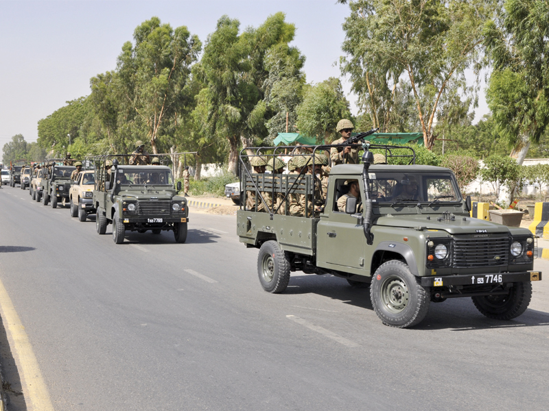 truck loads of soldiers left malir cantonment and took positions in various neighbourhoods of karachi on friday photo courtesy ispr
