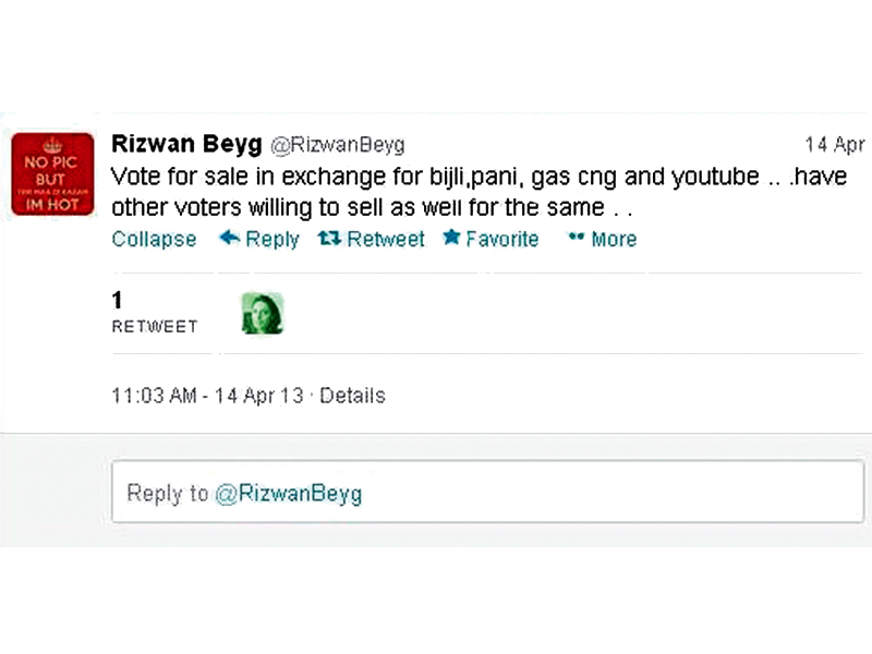 designer rizwan beyg says quot vote for sale in exchange for bijli electricity pani water gas cng and youtube   have other voters willing to sell as well for the same