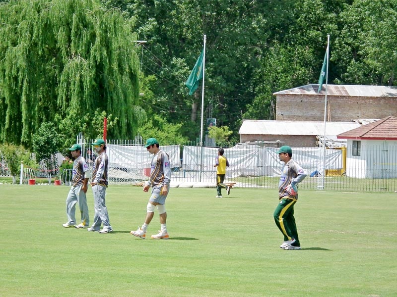 pakistan players underwent training in all three departments of the game with javed miandad and wasim akram supervising the second day of the camp in abbottabad photo pcb