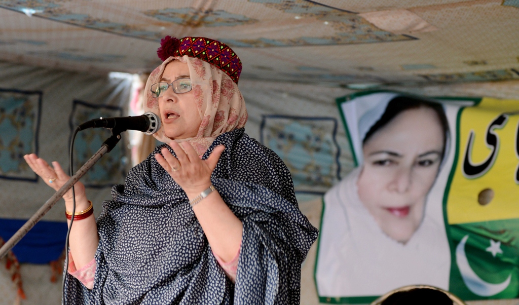 this photograph taken on may 6 2013 shows pakistani candidate for national assembly for pakistan muslim league q pml q party ruquiya hashmi addressing supporters during an election campaign meeting in quetta photo afp