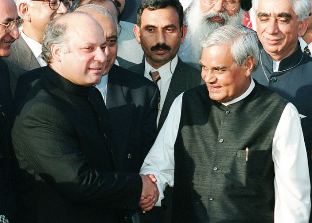 in this photograph taken on february 20 1999 then prime minister of pakistan nawaz sharif l receives his then indian counterpart atal behari vajpayee r at the wagah border crossing between india and pakistan after the first regular bus service between the two countries photo afp in this photograph taken on february 20 1999 then prime minister of pakistan nawaz sharif l receives his then indian counterpart atal behari vajpayee r at the wagah border crossing between india and pakistan after the first regular bus service between the two countries photo afp