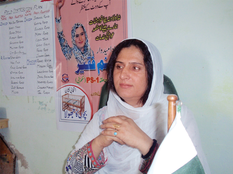 the transgender candidate for ps 1 sanam fakir at her office in sukkur photo file