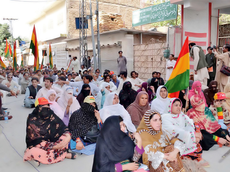 bnp m supporters stage a sit in outside the provincial election commission s office in quetta photo banaras khan express