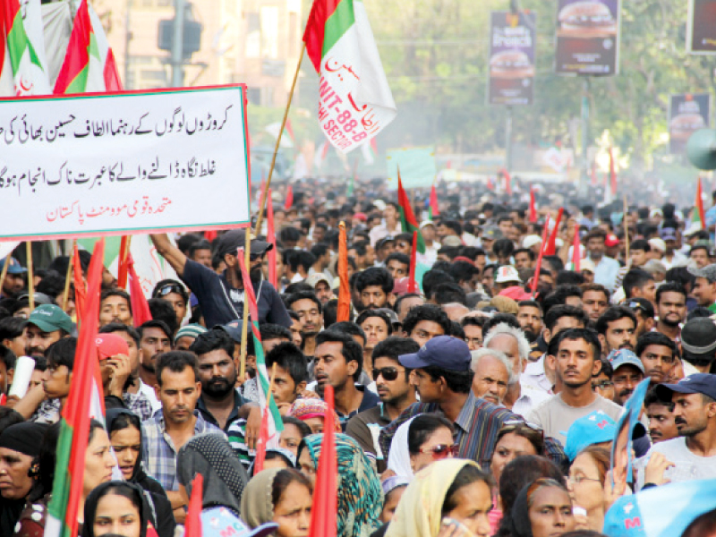 the first protest against pti s imran khan in the series of such gatherings planned by the mqm was held outside the press club on monday afternoon photo ayesha mir express