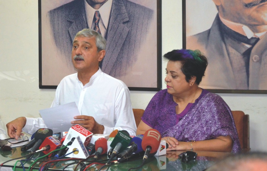 jehangir khan tareen and shireen mazari were present from pti during the press conference photo express