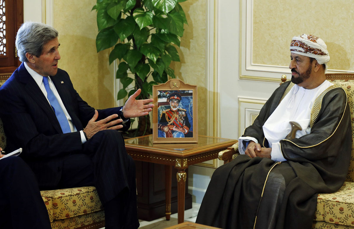 us secretary of state john kerry l meets with oman 039 s minister of defense sayyid badr al busaidi in muscat on may 22 2013 photo afp