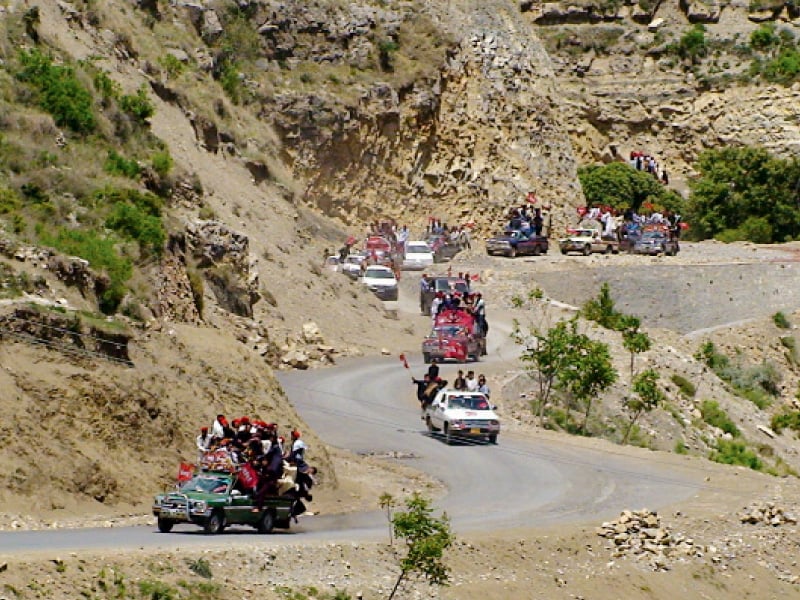 supporters of awami national party rallying on the road for the first time in orakzai agency photo express