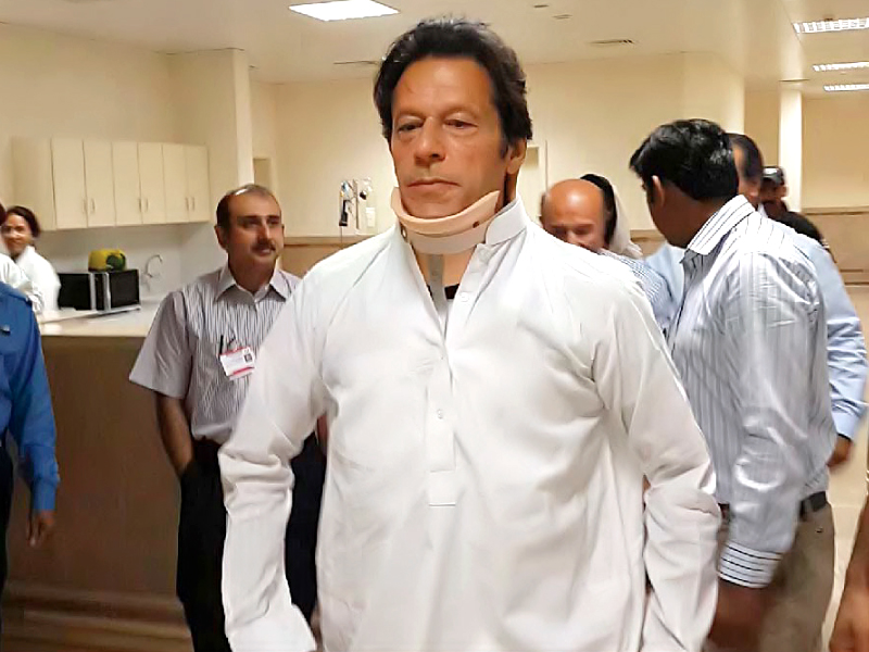 pakistan tehreek e insaf chief imran khan leaves the shaukat khanum memorial hospital two weeks after a fall at a rally for the elections photo riaz ahmed express