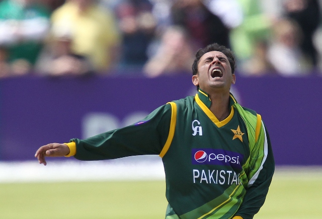 abdur rehman shows his frustration after bowling wide to ireland 039 s ed joyce not pictured during the second one day international odi cricket match between pakistan and ireland at clontarf cricket club in dublin on may 26 2013 photo afp