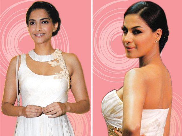 bollywood celebrities sonam kapoor and veena malik were both seen wearing all white at two different events bollywood celebrities sonam kapoor and veena malik were both seen wearing all white at two different events