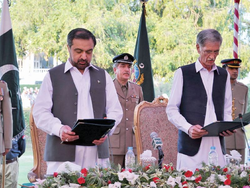 senior pti leader pervaiz khattak takes oath at the governor house sixty three year old khattak will serve as the 26th chief minister of khyber pakhtunkhwa photo app