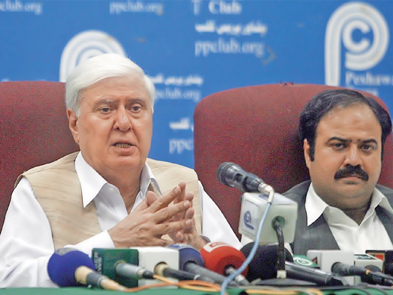 sherpao addresses the media in peshawar photo ppi