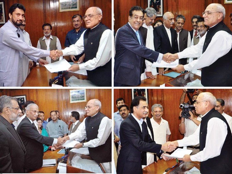 candidates for the national assembly speaker submit their nomination papers clockwise from the top are pti s candidate shaharyar afridi ppp s yousuf talpur pml n s ayaz sadiq and mqm s iqbal qadri photos agencies