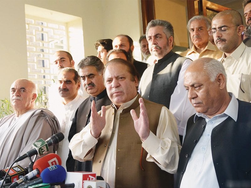 pml n president nawaz sharif flanked by leaders of coalition parties in balochistan addresses a news conference in murree photo online