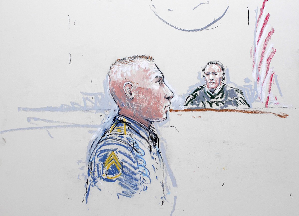 army staff sergeant robert bales l and judge col jeffery r nance are seen in a sketch from january 17 2013 photo reuters