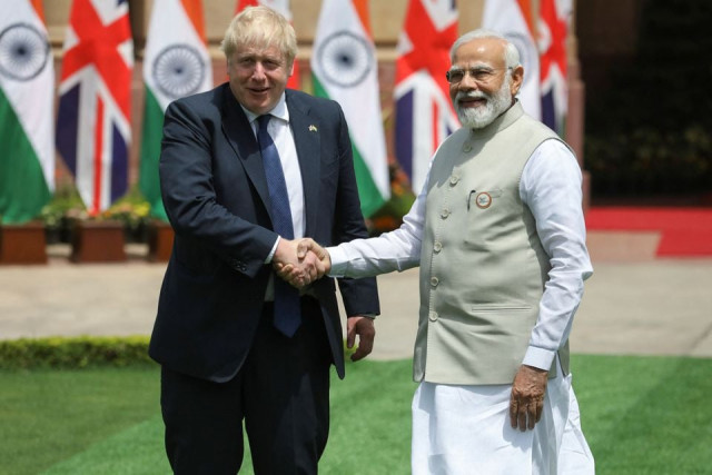 british prime minister boris johnson and indian prime minister narendra modi pose for a photo before a meeting at hyderabad house in new delhi india april 22 2022 photo reuters british prime minister boris johnson and indian prime minister narendra modi pose for a photo before a meeting at hyderabad house in new delhi india april 22 2022 photo reuters