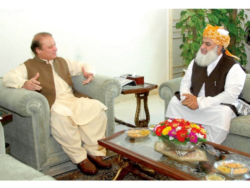 jui f chief maulana fazlur rehman in a meeting with prime minister nawaz sharif at the pm house in islamabad photo app