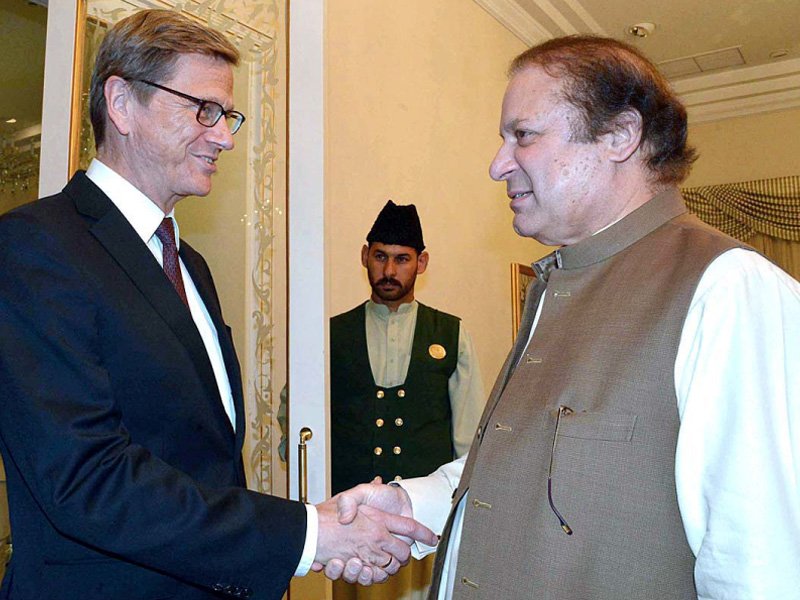 prime minister nawaz sharif shakes hands with german foreign minister gulido westerwille photo app