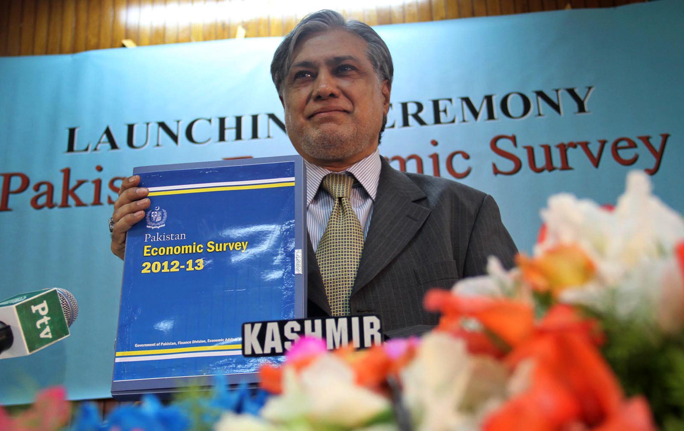 finance minister ishaq dar unveils the economic survey for 2012 2013 photo mohammad javaid express