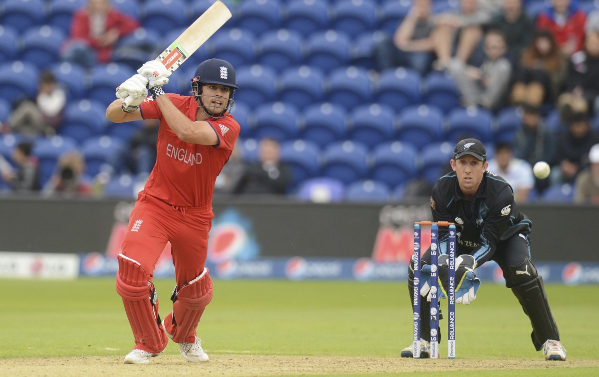 england 039 s alastair cook hits out as new zealand 039 s luke ronchi right watches during the icc champions trophy group a match at cardiff wales stadium wales photo reuters