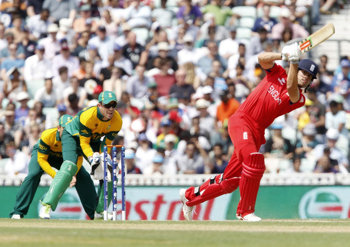 england captain alastair cook r plays a shot during the one day international odi icc champions trophy match between england and south africa at the oval photo afp