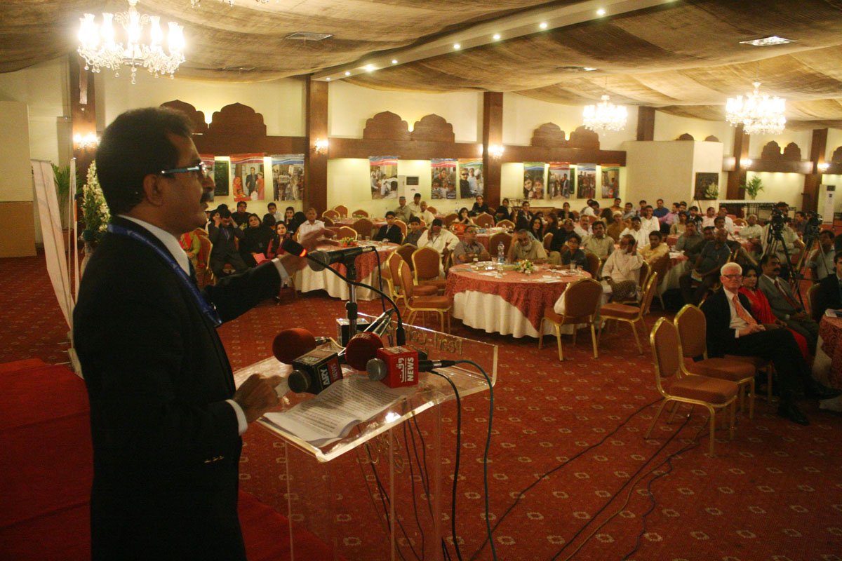 former minister haleem adil sheikh addresses the launch ceremony of his new ngo photo mohammad saqib file