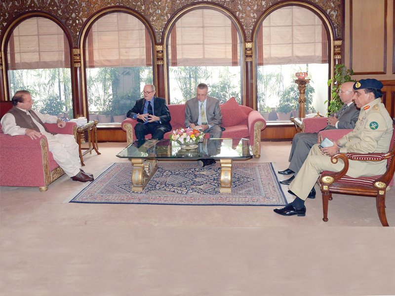 pm nawaz sharif hosts us envoy james dobbins along with national security adviser sartaj aziz and general ashfaq parvez kayani at the prime minister s office photo inp