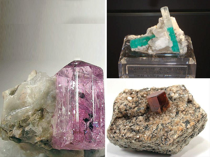 left rare purple lavender hued topaz found in katlang mardan top right aquamarine and emerald found in swat valley bottom right quartz xenotime and bastnaesite found in peshawar district photos creative commons