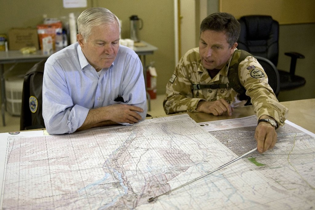 in this photograph taken on march 9 2010 then us secretary of defence robert gates l speaks with then rc south commander major general nick carter r during a meeting at kandahar air base in kandahar photo afp