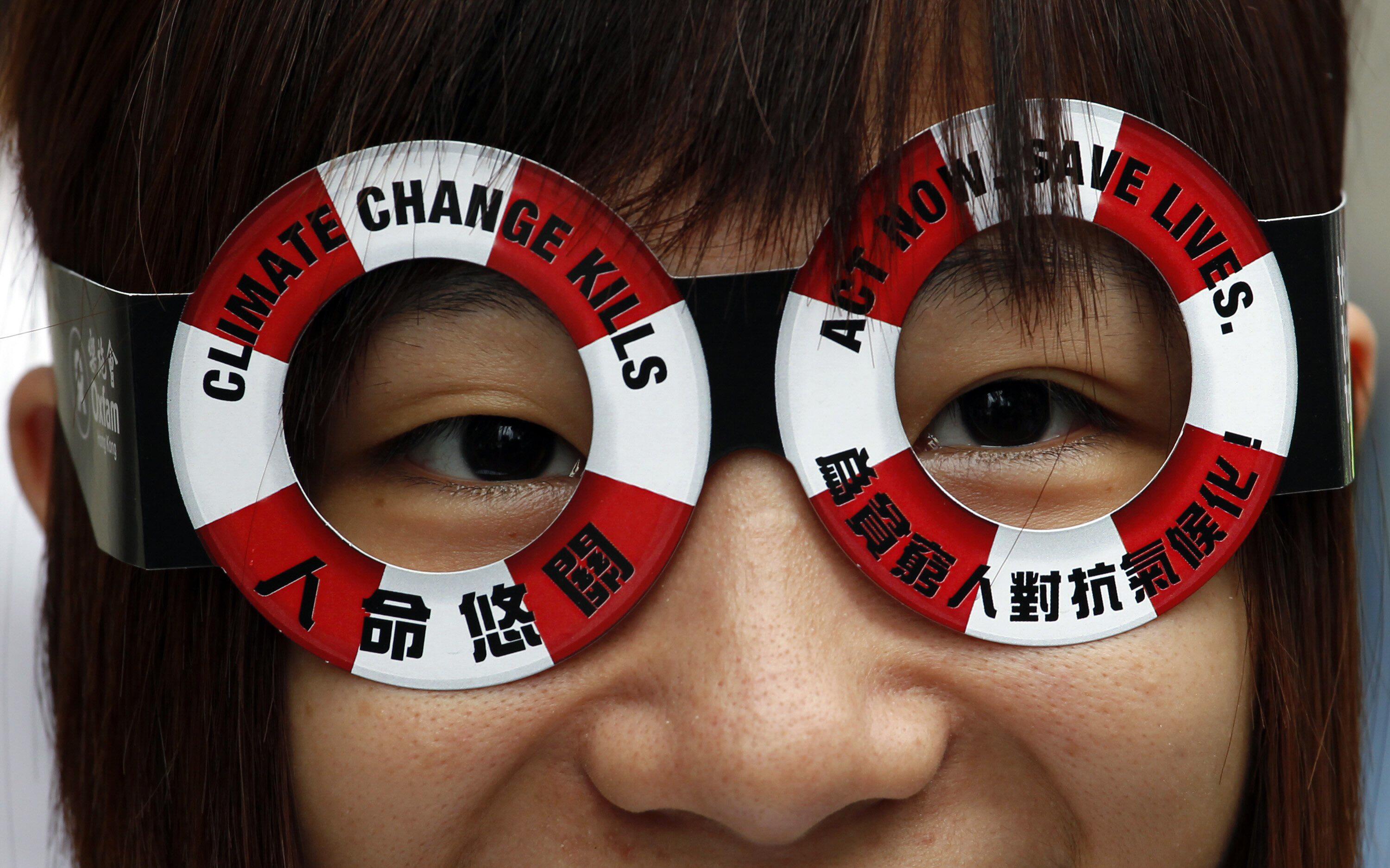 a protester takes part in a demonstration urging the government to provide long term plans on combating climate change in hong kong october 10 2010 photo reuters