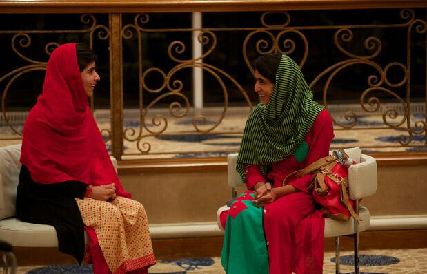 malala in conversation with her friend shazia in uk photo khalid khan