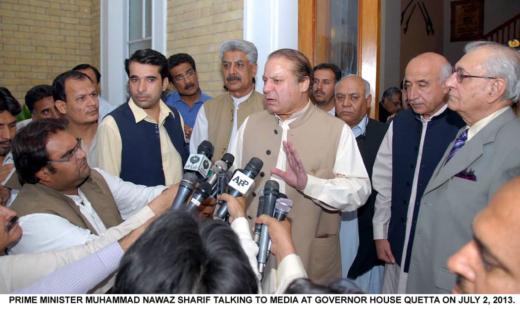 prime minister nawaz sharif addressing the media outside the governor house in quetta on tuesday flanked by balochistan chief minister photo pid