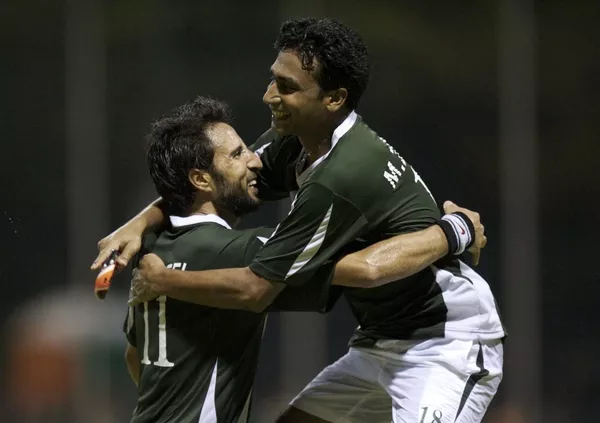 pakistani players celebrate after scoring a goal against south africa in their world hockey league group match photo fih pakistani players celebrate after scoring a goal against south africa in their world hockey league group match photo fih