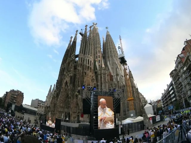 Pope blesses new tower at Barcelona's Sagrada Familia