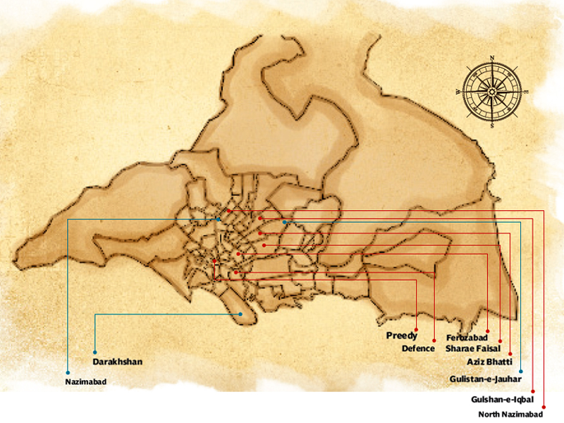 the map shows volatile areas of the city in terms of cellphone thefts based on data collected between june 1 2012 and may 31 2013 the red lines show highly volatile areas while the blue lines show relatively low number of cellphone thefts source cplc design anam haleem