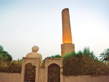 the 38 metre high minaret of madrasat al muzaffar built in the 12th century seljuk style