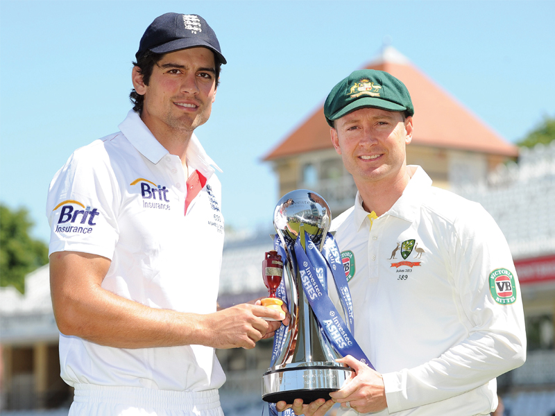 captains alastair cook and michael clarke pose with the coveted trophy as the much anticipated ashes series begins today in nottingham photo afp captains alastair cook and michael clarke pose with the coveted trophy as the much anticipated ashes series begins today in nottingham photo afp