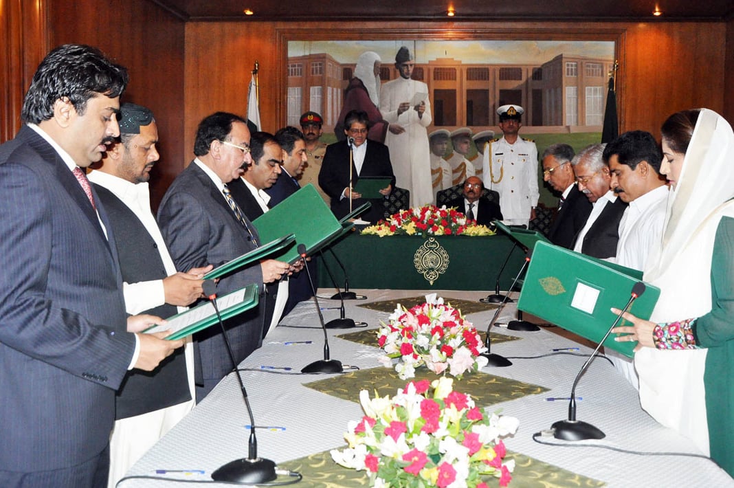 the newly appointed ministers were sworn in by governor dr ishratul ebad khan at a ceremony attended by chief minister shah and other dignitaries photo nni