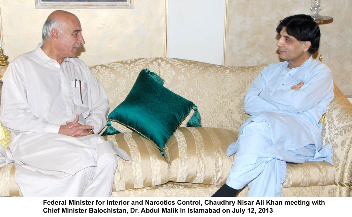 balochistan chief minister abdul malik baloch l speaks with interior minister chaudhry nisar ali khan photo pid