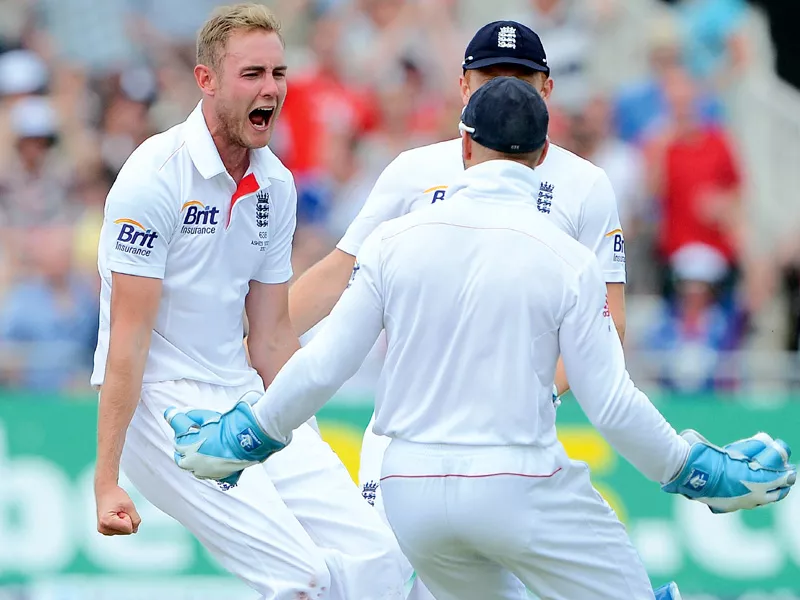 england s stuart broad celebrated the wicket of australia s shane watson a dismissal that pegged back the tourists photo afp england s stuart broad celebrated the wicket of australia s shane watson a dismissal that pegged back the tourists photo afp