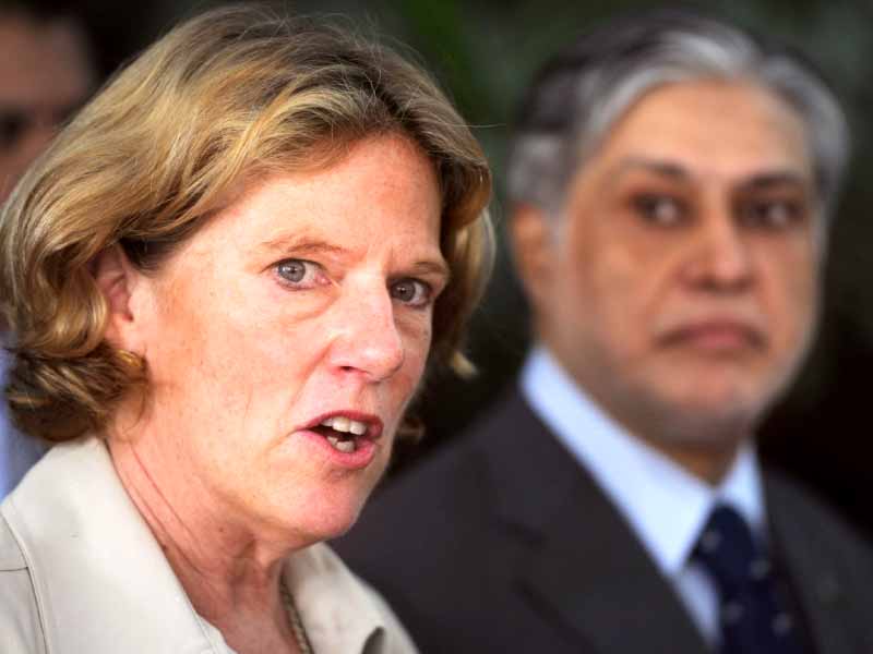 ceo of opic elizabeth littlefield and finance minister ishaq dar speaking at a press conference photo afp