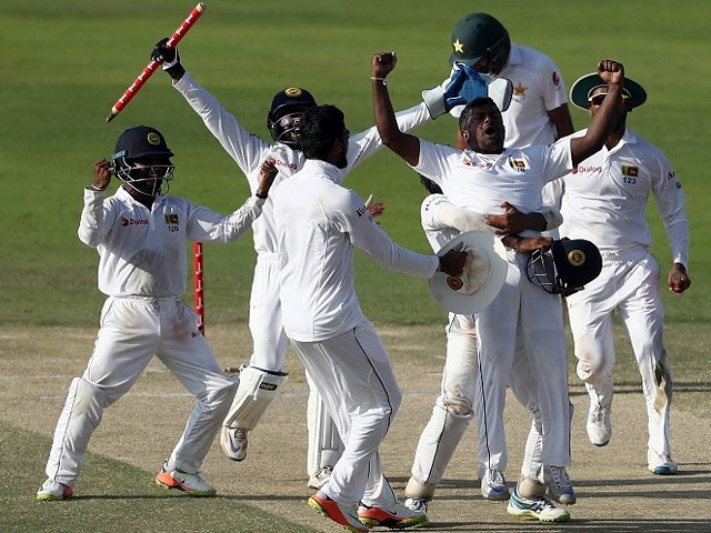 sri lanka players celebrate their remarkable win pakistan v sri lanka 1st test abu dhabi 5th day october 2 2017 photo getty sri lanka players celebrate their remarkable win pakistan v sri lanka 1st test abu dhabi 5th day october 2 2017 photo getty