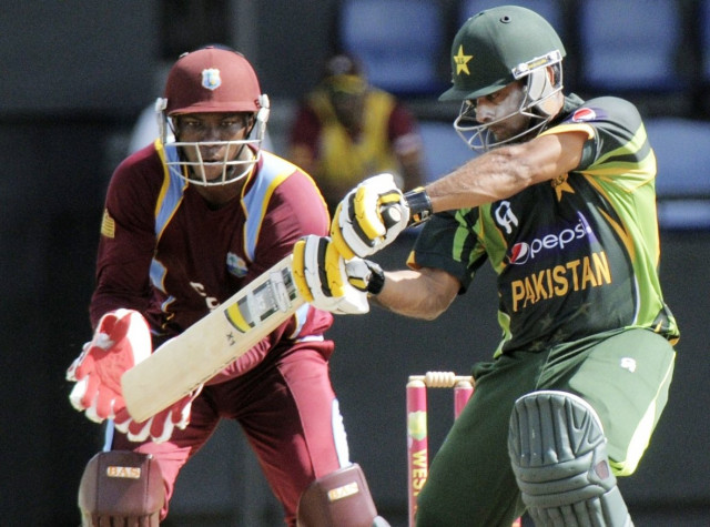 mohammad hafeez cuts on his way to 28 not out during the 4th odi west indies v pakistan at beausejour cricket ground in gros islet on july 21 2013 photo afp