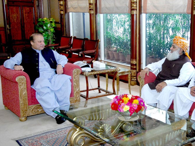 in a meeting on thursday with prime minister nawaz sharif jui f chief maulana fazlur rehman assured his party s support for former sindh governor hussain photo pid