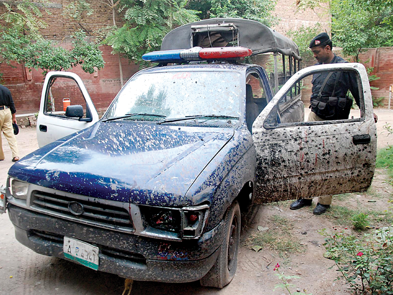 the injured identified as asi hassan gul constable ijaz ahmad dilawar khan and rehmanullah were taken to lady reading hospital photo express