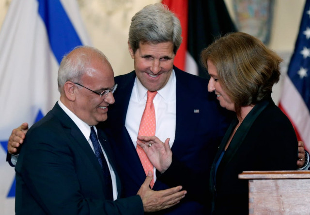 us secretary of state john kerry c watches as israeli justice minister tzipi livni and palestinian chief negotiator saeb erekat l shake hands during a presser on the middle east peace process talks at the department of state on july 30 2013 in washington dc photo afp us secretary of state john kerry c watches as israeli justice minister tzipi livni and palestinian chief negotiator saeb erekat l shake hands during a presser on the middle east peace process talks at the department of state on july 30 2013 in washington dc photo afp