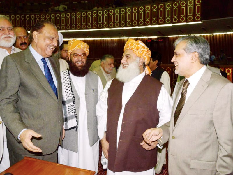 jui f chief maulana fazlur rehman and other parliamentarians congratulate mamnoon hussain upon winning the presidential elections photo inp