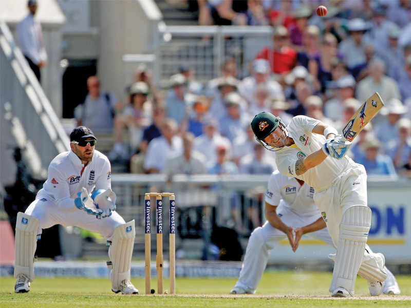 australia captain clarke was almost caught at leg slip as swann produced a turning ball that looped over jonathan trott photo reuters