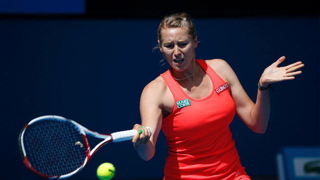 upset at herself after a point puchkova struck a ball in frustration and it slammed into the knee of a line judge injuring the man and prompting the umpire to award the match to her south american foe photo reuters file